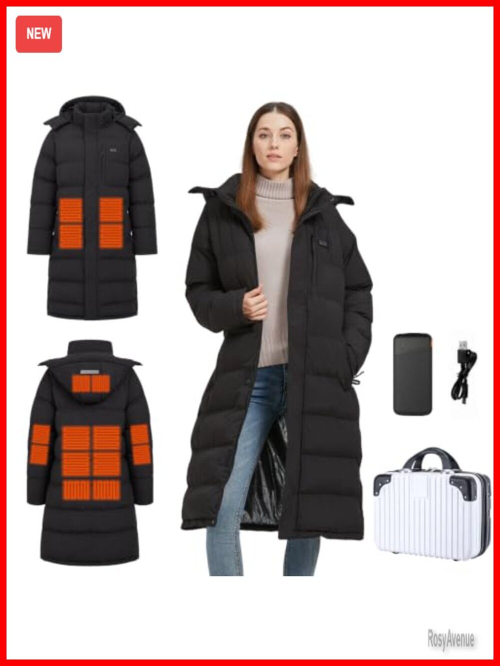 Women's Heated Puffer Coat 8 Heating Zones 10000mAh Battery Slim Fit Winter